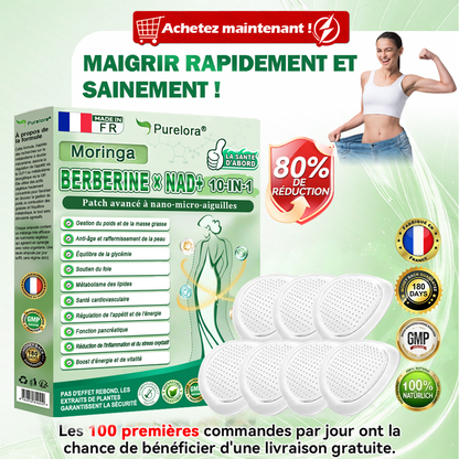 🔥 Coup de cœur des clients丨Purelora® Moringa Berbérine x NAD+ Patch Nano-Microneedle 10-en-1 Une application par jour, changements visibles dès 7 jours. Pour accompagner la gestion du poids, la fermeté de la peau et le bien-être global