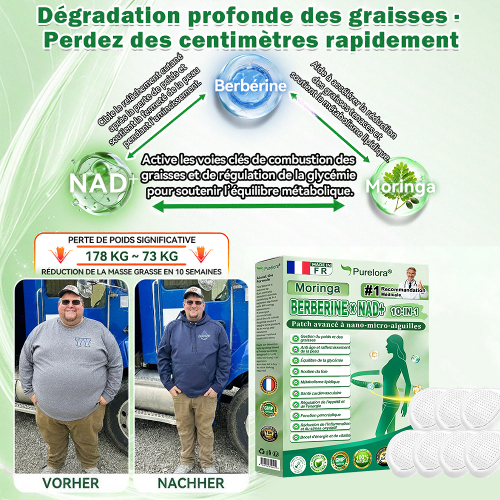 🇫🇷2026 Nouveauté 丨Purelora® Moringa Berbérine x NAD+ Patch Nano-Microneedle 10-en-1 Une application par jour, changements visibles dès 7 jours. Pour accompagner la gestion du poids et le bien-être global