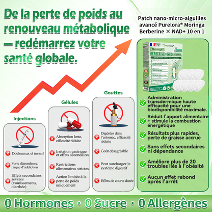 🔥 Coup de cœur des clients丨Purelora® Moringa Berbérine x NAD+ Patch Nano-Microneedle 10-en-1 Une application par jour, changements visibles dès 7 jours. Pour accompagner la gestion du poids, la fermeté de la peau et le bien-être global