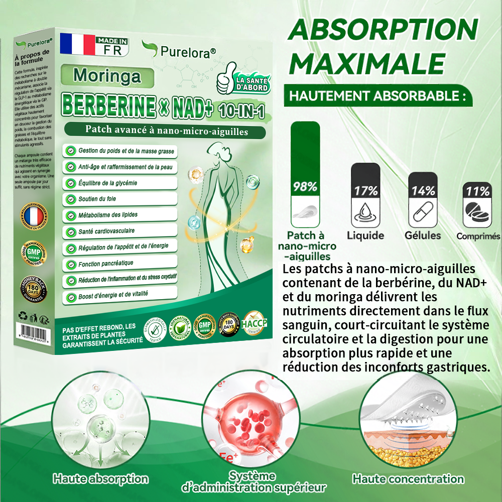 🔥 Coup de cœur des clients丨Purelora® Moringa Berbérine x NAD+ Patch Nano-Microneedle 10-en-1 Une application par jour, changements visibles dès 7 jours. Pour accompagner la gestion du poids, la fermeté de la peau et le bien-être global